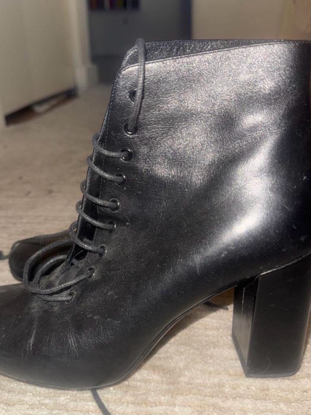 Saint Laurent Black Leather Lace-Up Chunky Heel Ankle Boots